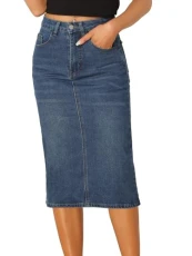 Casual Denim Skirt for Women's High Waist Stretchy Midi Jean Skirts Blue S
