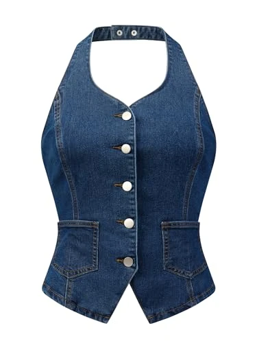 Casual Denim Vest for Women's Halter Neck Button Down Backless Jean Waistcoat Dark Blue XL