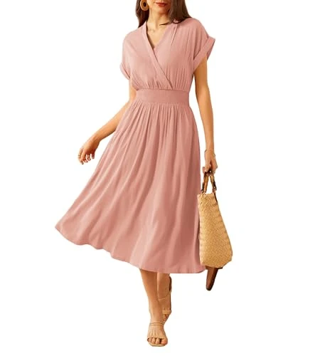 Casual Dresses Women Linen 2024 Summer V Neck A Line Midi Dress with Pockets, Light Pink, XXL