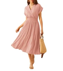 Casual Dresses Women Linen 2024 Summer V Neck A Line Midi Dress with Pockets, Light Pink, XXL