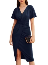 Casual Elegant Bodycon Dresses for Women UK Blue Formal Business Slit Wraped Short Ruffle Sleeve Dre