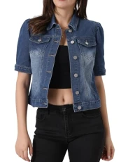 Casual Jacket for Women's Short Puff Sleeves Button-Down Jean Denim Jacket Blue S