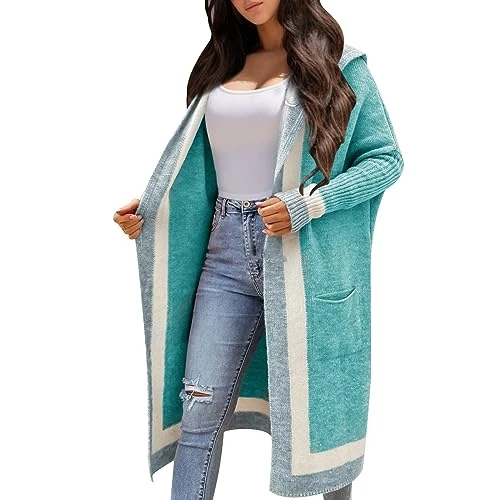 Casual Long Cardigan Pullover for Women with Hood for Autumn and Winter Viscose Women's Jumper Long Knitted Jacket Women's Chunky Knit Women's Spring Autumn Long Cardigan, Mint Green, S