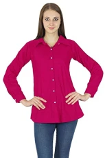 Casual Long Sleeves Boho Top for Women Shirt Collar Solid Summer Cotton Tunic Tops Dark Pink