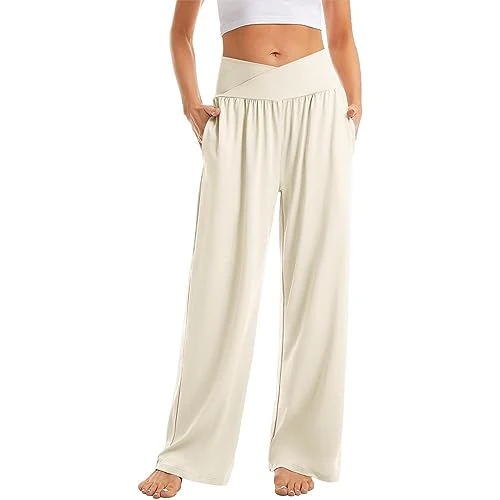 Casual Loose Pants for Women Wide Leg Yoga Jogging Bottoms Comfortable Pajama Pants High Waist Flowing Pants with Pockets Jogging Bottoms Tight Women, beige, XXXL