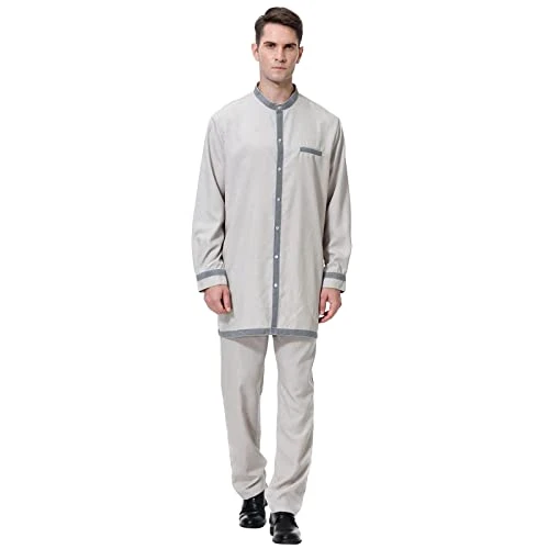 Casual Men's Muslim Robe Pants with Mid Button Down Two-Piece Set Suit S, gray, M
