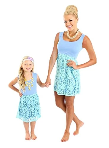 ® Casual Mom and Daughter Skirt Comfortable Sleeveless Boho Lace Stitching Beach Party Dress Family Clothes Blue 110 (Girl)