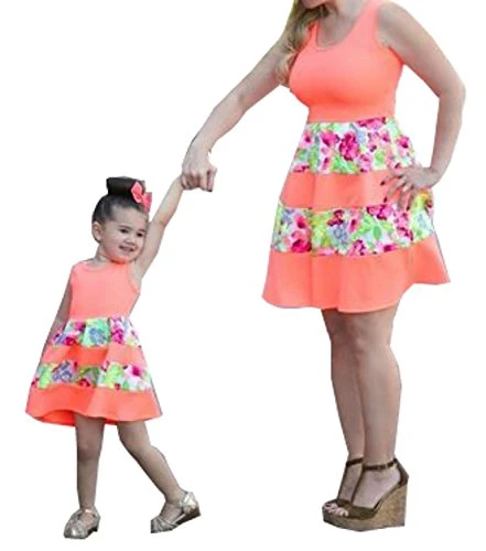 Casual Mother and Daughter Floral Printed Skirt Sleeveless Midi Round Neck Mom Kids Matching Dress Family Clothes Orange UK 14 (Mom)
