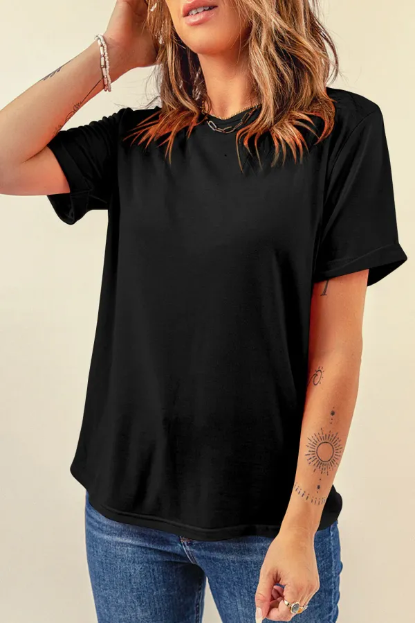 Casual Plain Crew Neck Tee T-Shirt - Black /