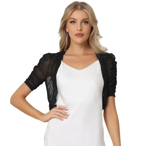 Casual Short Sleeve Mesh Sheer Shrug for Women's Open Front Cropped Cardigan Bolero Black