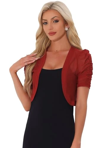 Casual Short Sleeve Mesh Sheer Shrug for Women's Open Front Cropped Cardigan Bolero Red XL