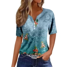Casual, Spring/Summer Casual Basic Shirt, V-Neck, Button, Gradient, Star Print, Comfortable, Short Sleeve T-Shirt Top, Women's Tops, Large Sizes, T Shirt, Tops, Cotton, Elegant Blouse, 240403d-blue,