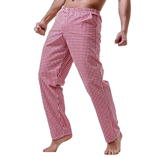 Casual trousers for men made of cotton, thin striped pyjamas, medium waist, loose cotton trousers, men's trousers fashion, red, XXL