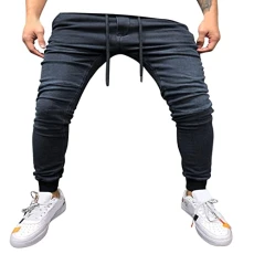Casual trousers men's cotton straight leg men's fashion casual straight pocket drawstring waist plain slim toe jeans black trousers with side pockets, navy, M