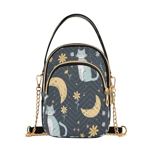 Cat on The Moon Women's Crossbody Handbags Casual Chain Purse Leather Shoulder Bags for Ladies