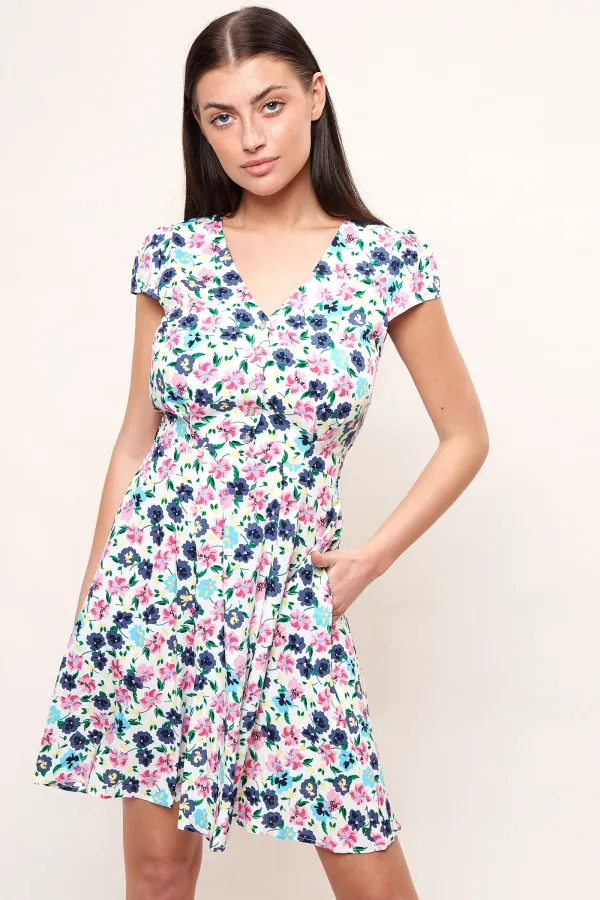 Cathleen Summer Bloom Print Mini Tea Dress - White