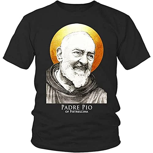 Catholic Shirt Saint Padre Pio of Pietrelcina T-Shirt Short Sleeve Top Graphic Tee Printed T-Shirt for Men Black M