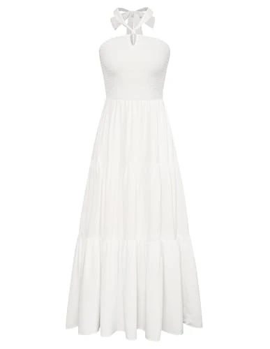 Causal White Dress for Women UK Blue Leave High Waist Ruched Tiered Maxi Dress Summer Beach Elegant