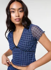 Check Cap Sleeve Crop Top Dusty Blue