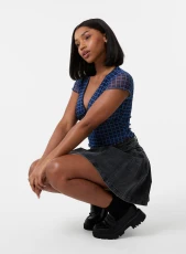 Check Cap Sleeve Crop Top NAVY