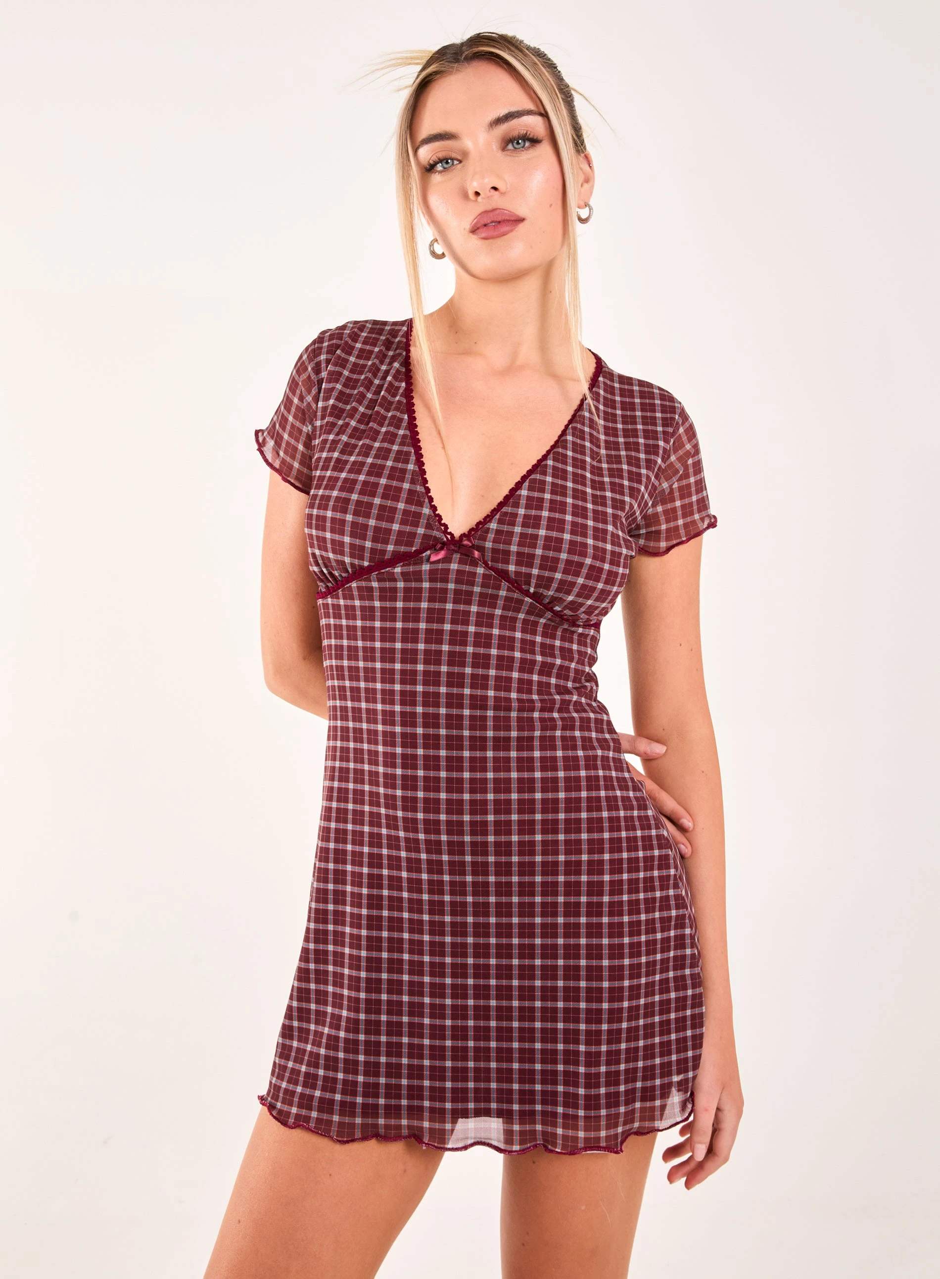 Check Cap Sleeve Mini Dress BURGUNDY