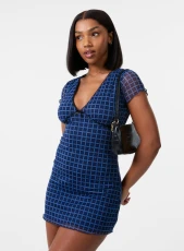 Check Cap Sleeve Mini Dress NAVY
