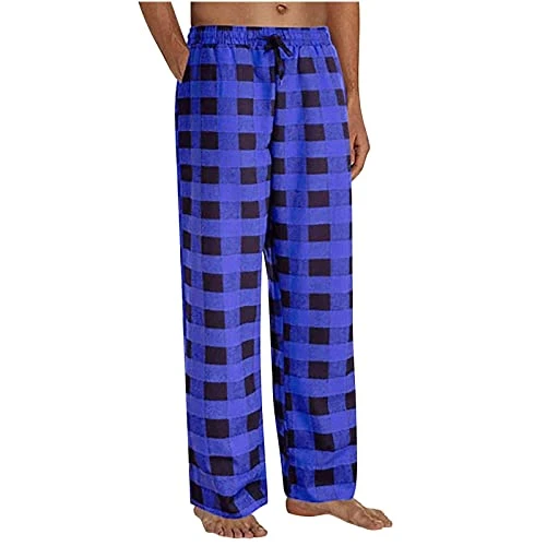 Check Lounge Pants For Mens - Comfortable Pyjama Bottoms Regular Fit Nightwear Straight Flat-Front Trousers Outdoors Joggers Soft Home Pants Elasticated Waist Drawstring Bottoms Casual Activewear