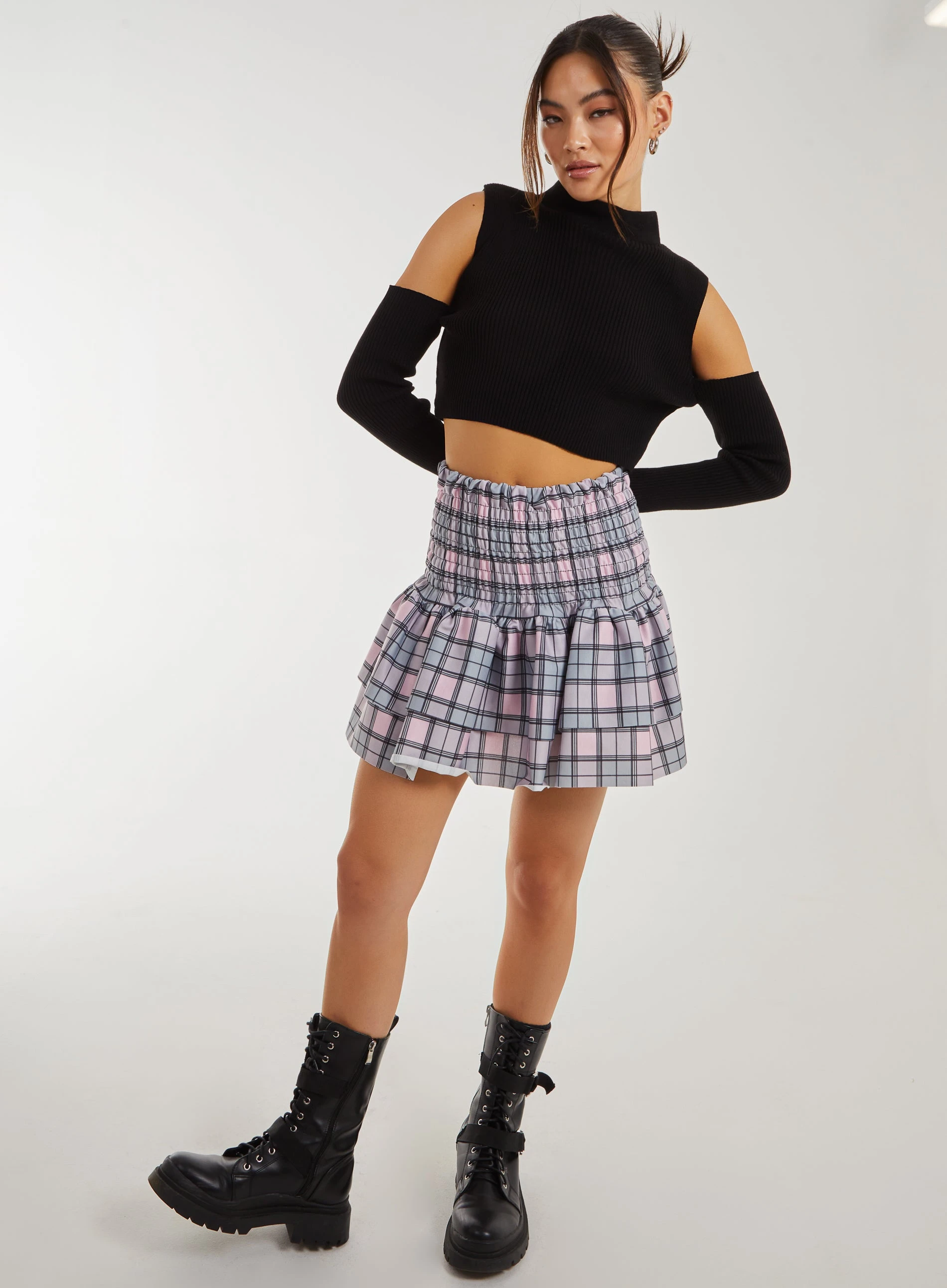 Checked Shirred Rara Mini Skirt  - S  - Pink