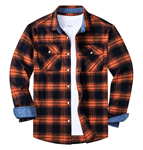 Checked Shirts for Men Casual Long Sleeve Plaid Shirt Spring Cotton Tops for Work Homewear,Orange,M