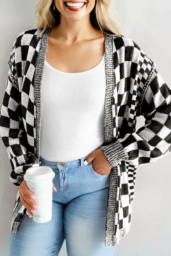 Checkered Bubble Sleeve Drop Shoulder Open Cardigan - Black / 1X
