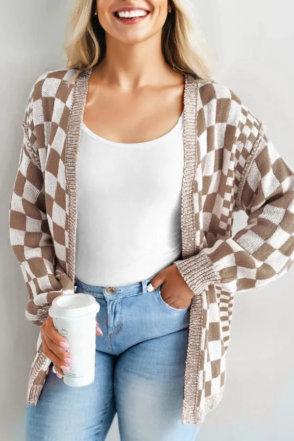 Checkered Bubble Sleeve Drop Shoulder Open Cardigan - Brown / 2X