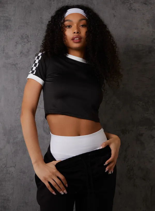 Checkered Sleeve Cropped T-Shirt - L - Black