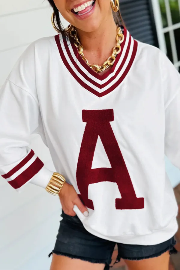 Chenille Letter A Graphic Varsity Striped V-Neck Puff Sleeve Sweatshirt - Red Dahlia / L