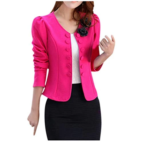 Chest Bow, Long Application Jacket for Women, Short Double Fashion, Small Sleeve Suit, Women's Blouse, Festive, Stylish and Versatile Women's Cardigan for Work, Hot Pink, Large