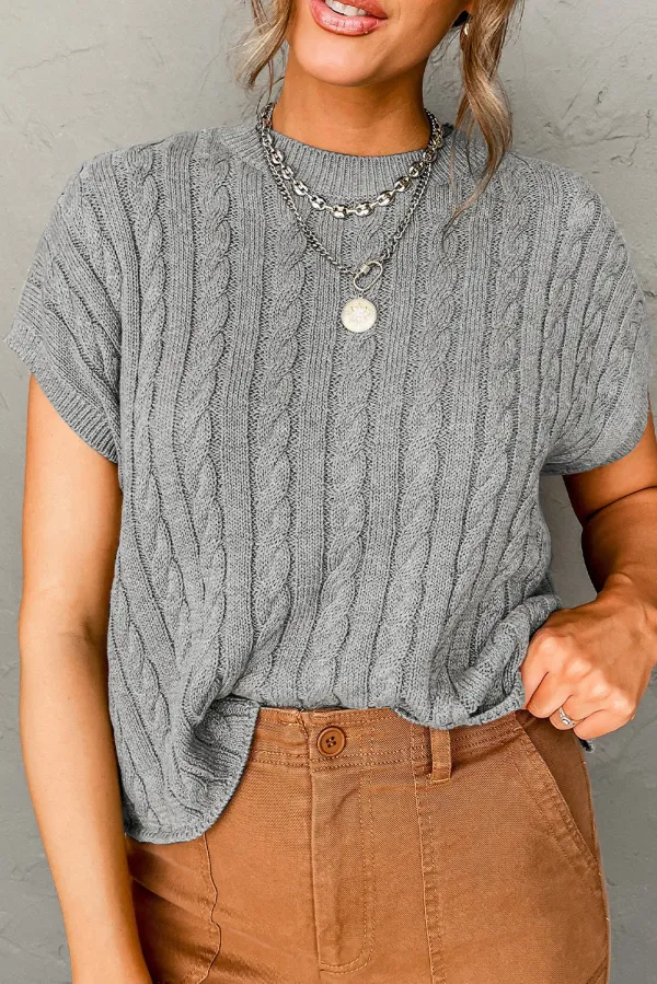 Chestnut Crew Neck Cable Knit Short Sleeve Sweater - GRAY / / 55%ACRYLIC+%COTTON - GRAY