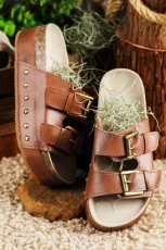Chestnut Dual Buckle Studded Platform Sandals - CHESTNUT /