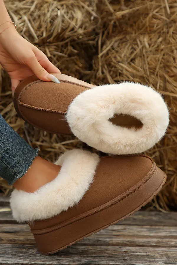 Chestnut Plush Suede Trim Thick Sole Flat Slippers - CHESTNUT / / 100%POLYESTER+100%TPR - CHESTNUT