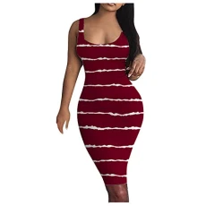 Chic Dress Women's Festive Club Small Midi Party Striped Clothing Dress Women Tank Sleeveless Women Dress Black Elegant, Wine Red, M