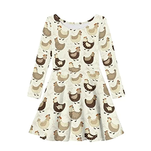 Chicken Dress Girls 11-12 Years Fashion Crewneck Long Sleeve Dress A-Line Skater Midi Dress School Daily Wear Novelty Swing Dress Farmhouse Fall Clothes