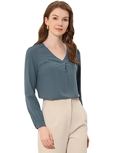 Chiffon Blouse for Women's V Neck Long Sleeve Business Causal Shirt Grey Blue 8