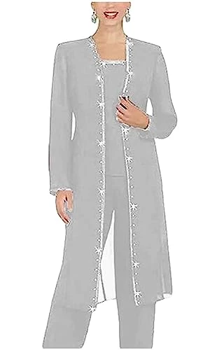 Chiffon Mother of The Bride Pants Suit 3 PC Beaded Wedding Outfits Long Jacket Prom Evening Women Ou