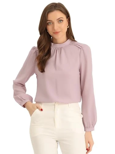 Chiffon Shirt for Women's Work Office Mock Neck Long Sleeve Blouse Pink S