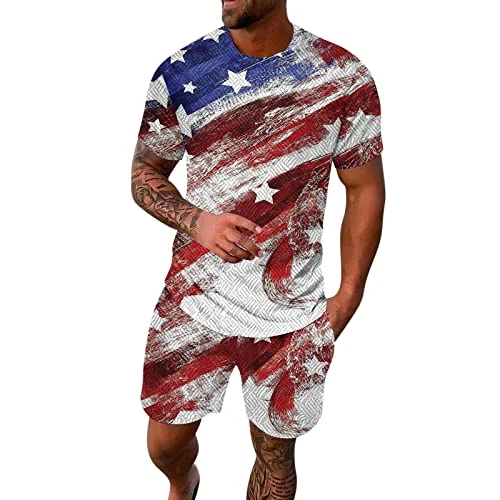 Chinese Suit Men's Casual Sports Summer Independence Day Flag Short Sleeve Set for Men, 2-Piece Summer Sports Suit, Short Sleeve T-Shirt and Shorts Set Business Black, White, M