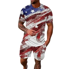 Chinese Suit Men's Casual Sports Summer Independence Day Flag Short Sleeve Set for Men, 2-Piece Summer Sports Suit, Short Sleeve T-Shirt and Shorts Set Business Black, White, M
