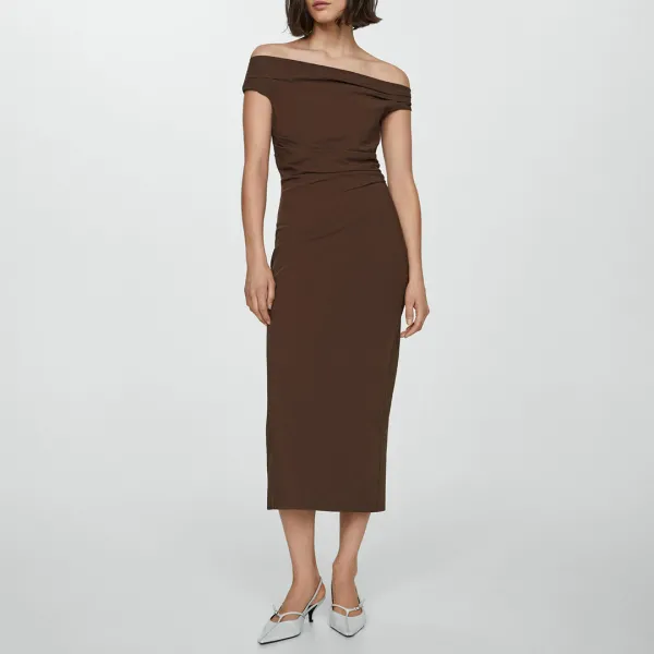 Chocolate Off-The-Shoulder Draped Dress - Brown