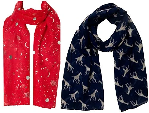 Christmas Bonanza Pack of 2 Scarves Wrap Shawl Scarf for Women Ladies (Moon Light Red & Giraffe Dark