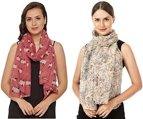 Christmas Bonanza Pack of 2 Scarves Wrap Shawl Scarf for Women Ladies (Sheep Dusky Pink & Robin Crea