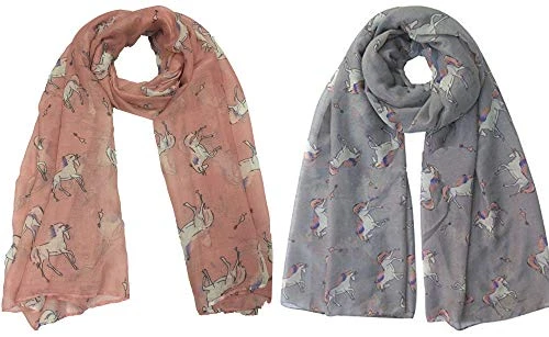 Christmas Bonanza Pack of 2 Scarves Wrap Shawl Scarf for Women Ladies (Unicorn Horse - Peach & Silve