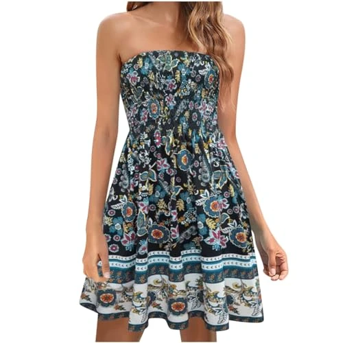 Christmas Deals Clearance Ladies Summer Sleeveless Strapless Beach Sundress Ethnic Bohemian Off Shoulder Floral Printed Mini Dress Beach Cover Up and Kaftans Wraps Dress Frocks for Women