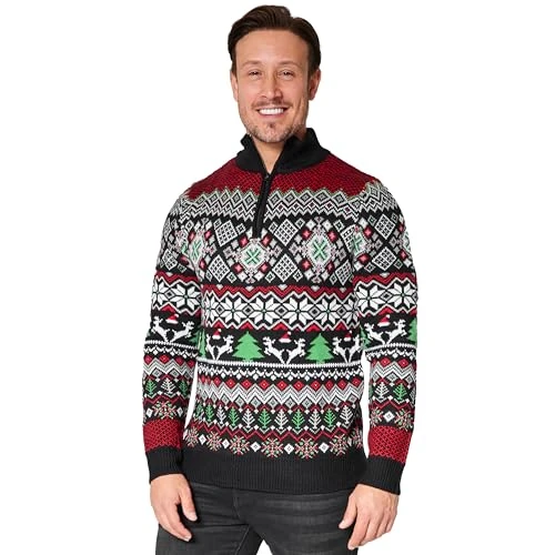 Christmas Jumpers for Men Teenagers Warm Cosy Half Zip Jumper Men Patterned Xmas Jumper Knitted Mens Sweater M-2XL - Gifts for Him (Black/Multi, M)